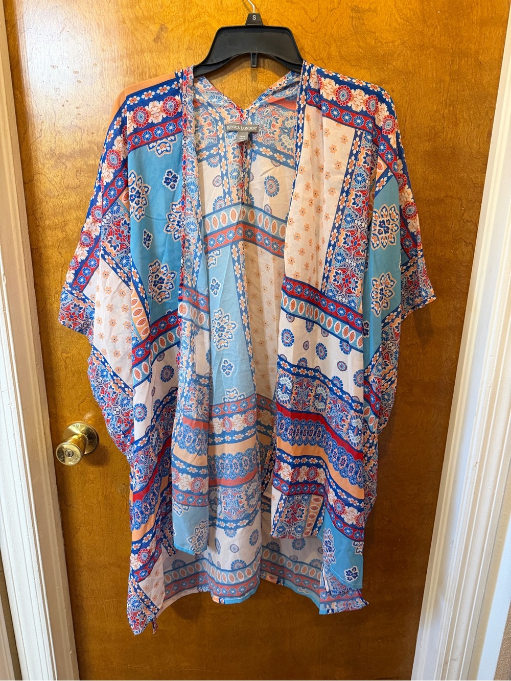 Jessica London Plus 18/22 Blue White Red Peach Floral V-Neck Kaftan Tunic